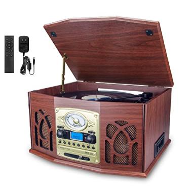 Imagem de BIGMONAT Reprodutor de discos com alto-falantes, toca-discos com rádio estéreo FM, centro multimídia com controle remoto, leitor de fonógrafo portátil vintage, leitor de CD/MP3/cassete