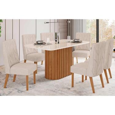 Imagem de Kit 6 Cadeiras Sala Jantar Solana c/ Tampo Madeirado c/ Vidro Curvo 200x90cm e 8 Cadeiras Eloá Nature/Suede Light Linho - Henn