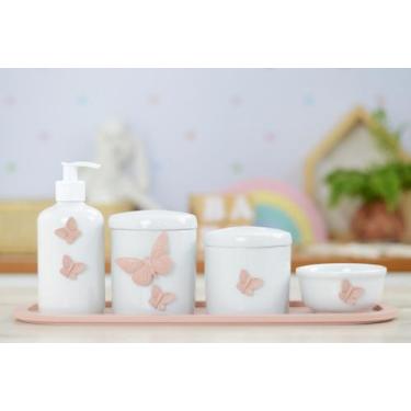 Imagem de Kit Higiene Porcelana Borboleta Rosê Menina Bebê Maternidade Banho Cui