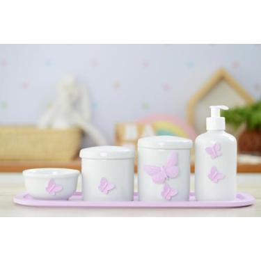 Imagem de Kit Higiene Bebê Porcelana Borboleta Lilás Menina Quarto Banho Cuidado