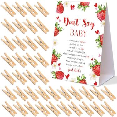 Imagem de Jogos de chá de bebê com tema de morango, jogo de bebê Dont Say Baby, pacote com 1 placa e 50 mini prendedores de roupa de madeira, decorações de chá de bebê Berry Sweet, artigos de festa reveladores