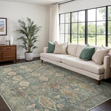 Imagem de Bavni Tapete lavável 20 x 25 cm para sala de estar, quarto, sala de jantar, tapete com estampa vintage lavável, tapete leve ultrafino de pilha baixa com suporte antiderrapante, azul-petróleo