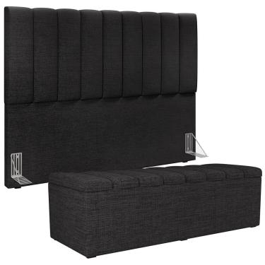 Imagem de Kit Cabeceira Cama Box Casal 140cm Dália W01 com Calçadeira Recamier Baú Estrutura Madeira Linho Cinza