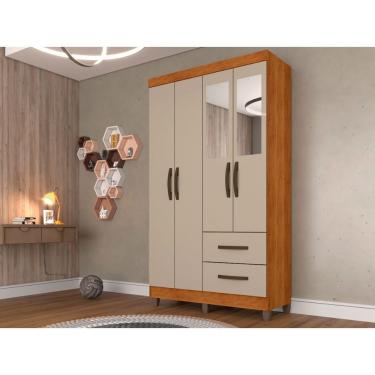 Imagem de Roupeiro Estrela Em Mdp Com Espelho 4 Portas 2 Gavetas Sallêto Cinamomo/ Off White