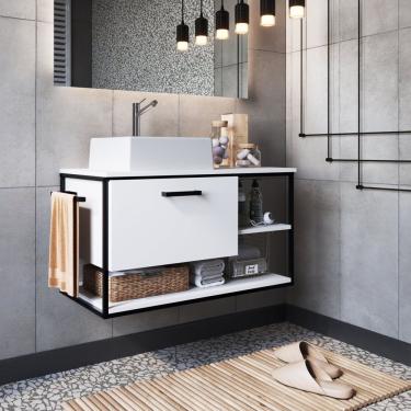 Imagem de Gabinete Suspenso Para Banheiro 80Cm Com Cuba Placa E Ponto Preto/Branco