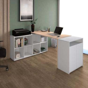 Imagem de Conjunto Home Office 2 Peças Escrivaninha Em L Com Balcão Baixo 2 Portas Espresso Móveis Carvalho/Branco