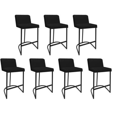 Imagem de Kit 07 Banquetas Com Encosto Noah Luxo Confort Bistrô Cozinha Ferro Preto Corino Preto - Amey Decor