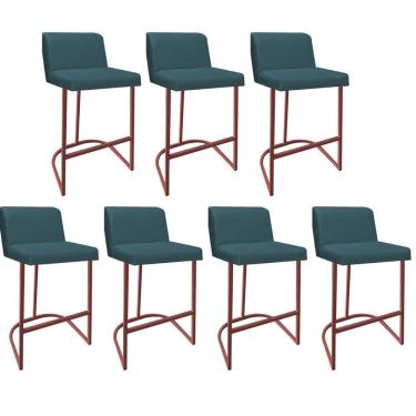 Imagem de Kit 07 Banquetas Com Encosto Confort Bistrô Cozinha Ferro Bronze Suede Azul Turquesa Amey Decor