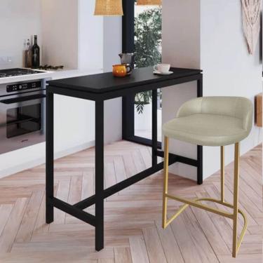 Imagem de Kit 09 Banqueta Com Encosto Alta Cozinha Bar Balcão Ferro Dourado Linho Bege Escuro - Amey Decor