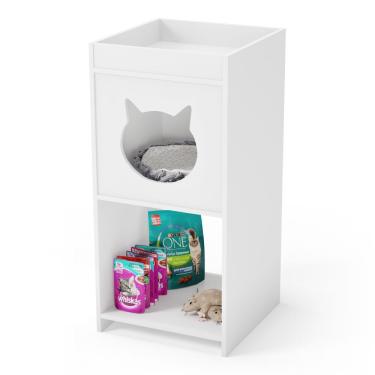 Imagem de Mesa De Cabeceira Neko Com Casinha Para Gato E Nicho Integrado Branco - Desk Design