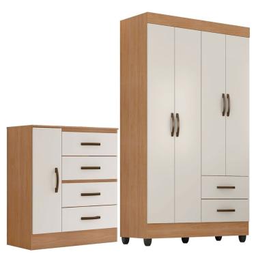Imagem de Kit Guarda-roupa Solteiro 4 Portas Com Cômoda Sapateira Lisa Nature/off White