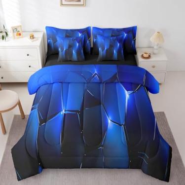 Imagem de jejeloiu Conjunto de edredom geométrico, solteiro, 7 peças, colmeia hexagonal, geométrico, azul, preto, simples, arte abstrata, cama em uma bolsa com edredom, lençóis, fronhas e capa de almofada