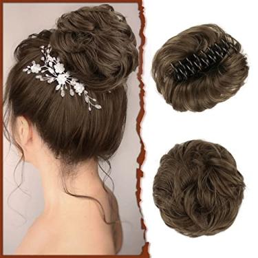 Imagem de SOFEIYAN Aplique De Cabelo Bagunçado Com Presilha Garra Sofeiyan, Coque Ondulado, Cacheado, Rabo Cavalo, Apliques, Extensões Sintéticas Despenteadas, Scrunchie Para Mulheres, Castanho Dourado