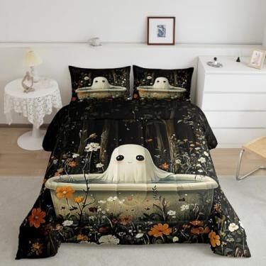 Imagem de Conjunto de edredom infantil Kawaii, fantasma de Halloween, banheira, margaridas, para decoração de quarto, capa de edredom macia de microfibra escovada, vintage europeu, tamanho casal, 3 peças com 2