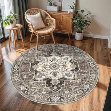 Imagem de RUUGME Tapete redondo lavável ultrafino: tapetes de área de círculo vintage de 1,2 m para sala de estar quarto tapete resistente a manchas antiderrapante tapete macio de baixa pilha para entrada da