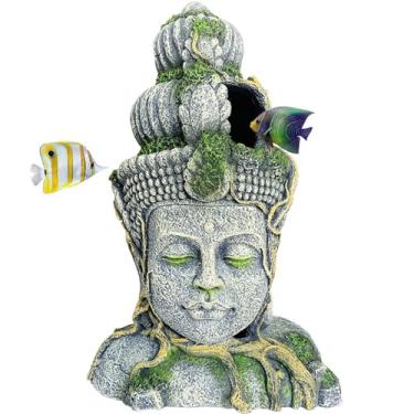 Imagem de Hamiledyi Buda Cabeça estátua de aquário decorações resina peixe esconderijo beta caverna para peixes grandes enfeites tanques beta descanso de dormir hide play raça