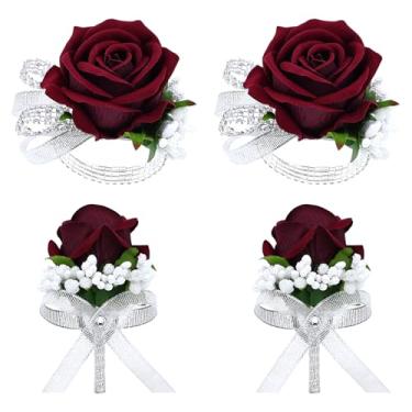 Imagem de Vkkperp Conjunto de 4 peças de corpete e flor na lapela, pulseiras de corsage de pulso rosa artificial para decorações de casamento, festa de formatura, homens, acessórios de flores (4, bordô)
