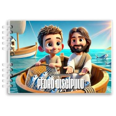 Imagem de Livro De Colorir Pedro Discípulo Capa Holográfica 46 Desenhos Folha Grossa Capa Dura Wire-o A5 colorindo Pedro história Bíblica