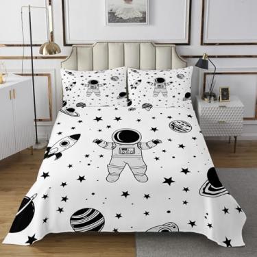 Imagem de jejeloiu Colcha de astronauta, tamanho king, infantil, foguete, universo, planetas, conjunto de cobertas para meninos e meninas, adolescentes, galáxia, acolchoado, respirável, branco