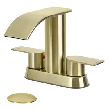 Imagem de M OUDEMEI Torneira de banheiro cachoeira com duas alças, torneira de pia central de 10 cm, torneira de pia de banheiro de 2 ou 3 furos, torneira de banheiro de aço inoxidável com ralo pop-up (ouro