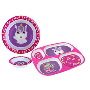 Imagem de Combo Prato Divisória Raso Fundo Kit Alimentação Bebê - Arts, Unicorni