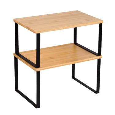 Imagem de Prateleira organizadora de armário de cozinha, conjunto de 2 prateleiras empilháveis, prateleira de elevação pequena de madeira para armário de despensa, caneca de temperos, expansível, madeira de