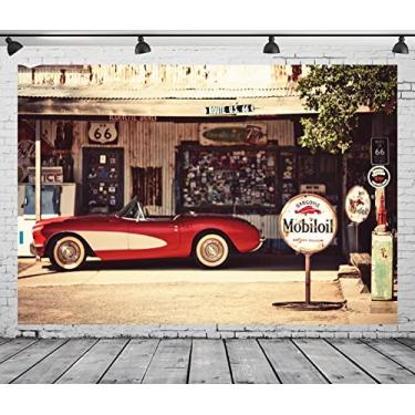 Imagem de BELECO Tecido 2,1 x 1,5 m Rota Histórica dos EUA 66 Pano de Fundo Hackberry General Store Posto de Gasolina Restaurante Motel Vermelho Carro Clássico Arizona Cenário Rota 66 Decorações de Festa