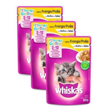 Imagem de Kit 3 Ração para Gatos Whiskas Filhotes 2-12 Meses Sachê Sabor Frango 