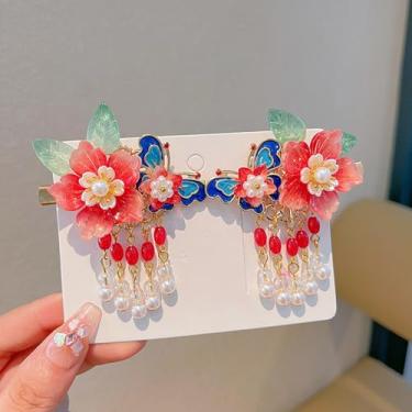 Imagem de Grampos de cabelo retrô de flor vermelha e borboleta azul, presilhas de cabelo com borlas de pérola, alfinetes de cabelo florais, acessórios de touca, prendedores de enfeite de quimono Han