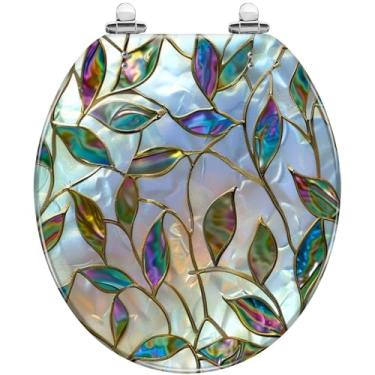 Imagem de Assentos de vaso sanitário oval redondo folhas padrão estilizado textura sem costura assento de vaso sanitário colorido 3d fácil de instalar assento de vaso sanitário decorativo com capa para banheiro