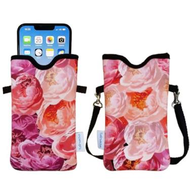 Imagem de Tainada Bolsa de neoprene masculina e feminina com alça transversal/cordão de pescoço para iPhone 16/15/14 Pro Max, 16/15/14 Plus, Samsung S25, A55, Google Pixel 9 (Rosas vermelhas e rosa)