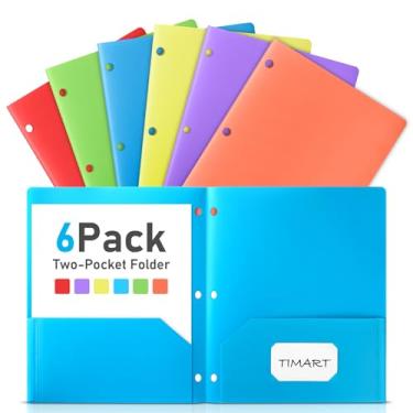 Imagem de Timart Pastas com bolsos perfurados com 3 furos - pacote com 6, 2 pastas de bolso de plástico resistente para fichário de 3 anéis, pasta de arquivo de papel tamanho carta para escritório escolar