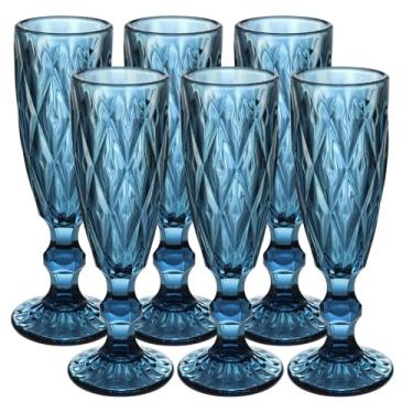 Imagem de Kytree Pacote com 6 taças de champanhe de vidro de 142 g, taças de vinho espumante vintage, copo de bebida em relevo elegante europeu para Cava Prosecco (azul pastilha)