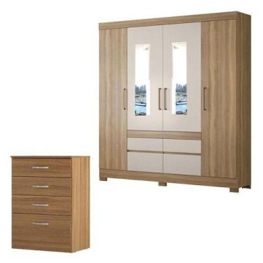 Imagem de Cômoda Astral E Guarda Roupa Casal Bilbao Amêndola Off White Com Espel