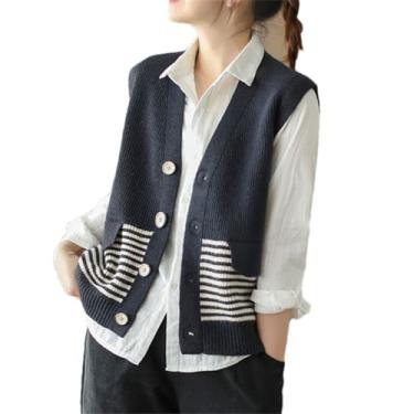 Imagem de V-neck Sem Mangas Camisola Colete Listrado Botão Cardigan Top Feminino, Navy Blue, M