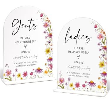 Imagem de Artigos de cesta de banheiro de casamento, senhoras e senhores, por favor ajudem-se, placas de casamento de acrílico com tema floral para cerimônia e recepção, placa de lembrança de banheiro para chá