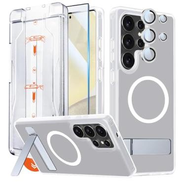 Imagem de QSEVNSQ Capa magnética para Samsung Galaxy S24 Plus com suporte, capa magnética para Magsafe com [protetor de tela de vidro temperado + protetor de câmera] Capa fosca translúcida branca