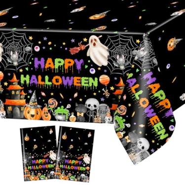 Imagem de Avezano 2 peças de toalha de mesa Happy Halloween fofa abóbora fantasma toalha de mesa preta descartável para decorações de festa de Halloween 272 x 137 cm
