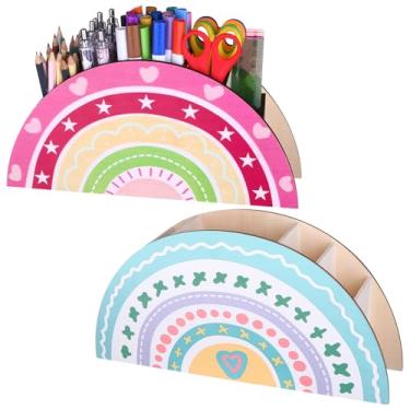 Imagem de RZJSLSHANHAI 2 porta-lápis de madeira arco-íris decorativo de madeira boho organizador de mesa recipiente de armazenamento para pincéis de maquiagem, escritório, estudantes, volta às aulas
