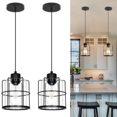 Imagem de DSMJFU DSMJFU Luminárias Suspensas Industriais Pretas Em Formato De Gaiola, Luzes De Ilha Para Cozinha Com Cabo Ajustável, Luminárias Pendentes Estilo Fazenda, Luminárias Pendentes Com Cúpula De Vid