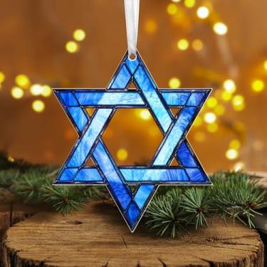 Imagem de Ornamento acrílico da estrela de Davi – Decoração judaica de Hanukkah para pendurar na árvore de Natal, elegante presente geométrico azul para casa, escritório ou exibição religiosa