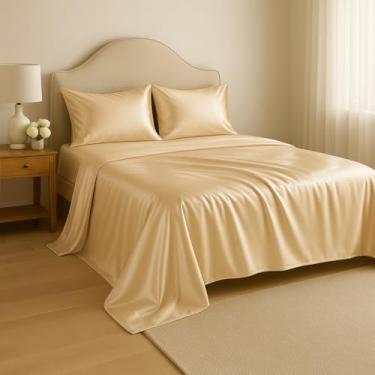 Imagem de Lençol Cetim 4 Peças Com Tecnologia Anti-Frizz Casal Padrão Queen King Size Elasticado Bilho Ativo (Bronze, King Size)