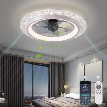 Imagem de KINDLOV Ventiladores de teto modernos com luzes, ventilador de teto de montagem embutida de 50 cm com luz regulável e controle remoto, vento de 6 velocidades para quarto, sala de estar, ventilador de