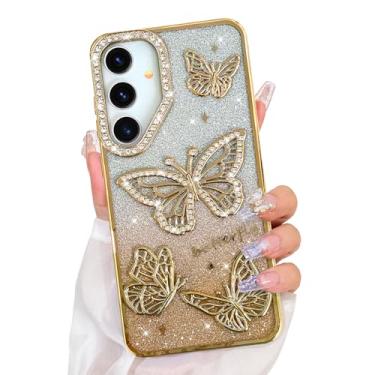Imagem de Bonoma Capa com glitter para Samsung Galaxy S25, linda capa com estampa de borboleta 3D, proteção para câmera, capa traseira macia e brilhante para mulheres e meninas, dourada