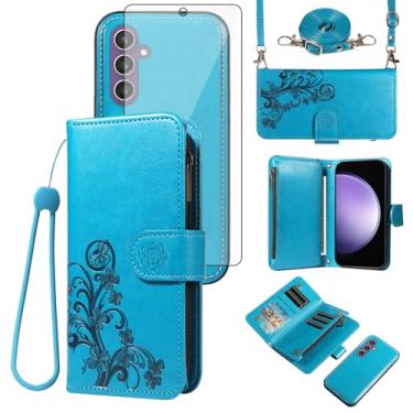 Imagem de Asuwish Capa de celular para Samsung Galaxy S23 FE 5G Carteira com zíper magnética destacável com protetor de tela de vidro temperado alça transversal porta-cartões de flores S 23 EF S23FE 23S