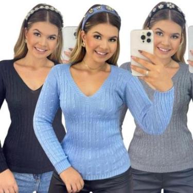 Imagem de Kit 3 Blusas Industrie Femininas Suéter Malha Tricô Manga Longa-Feminino