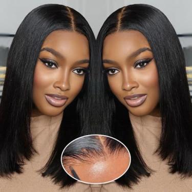 Imagem de GUDOZO Bob Peruca de cabelo humano sem cola, cabelo humano pré-cortado, pré-cortado, 9 x 15 HD, frente de renda, sem cola, cabelo humano, curto, liso, bob, perucas para mulheres negras, 35,5 cm, 200%