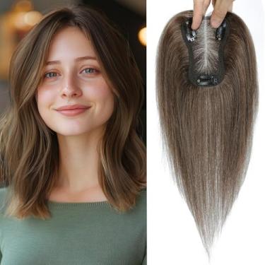 Imagem de Toppers de cabelo para mulheres com base de renda suíça amarrada à mão sem franja 25,4 cm para cabelos ralos (marrom avermelhado médio)