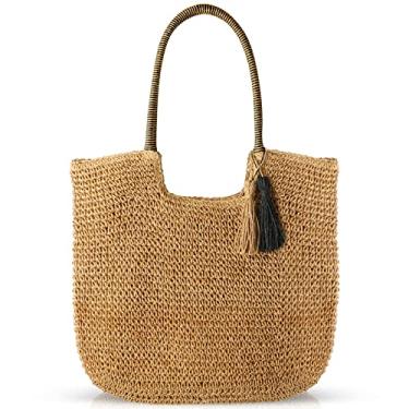 Imagem de QTKJ Bolsa de praia de verão, bolsa de palha tecida à mão, bolsa de mão grande macia para praia, boho, bolsa de mão de ombro para mulheres, viagens de férias, uso diário (cáqui)