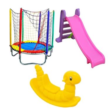 Imagem de Kit Infantil Cama Elástica 1,40m Escorregador Médio Gangorra Minhoca
